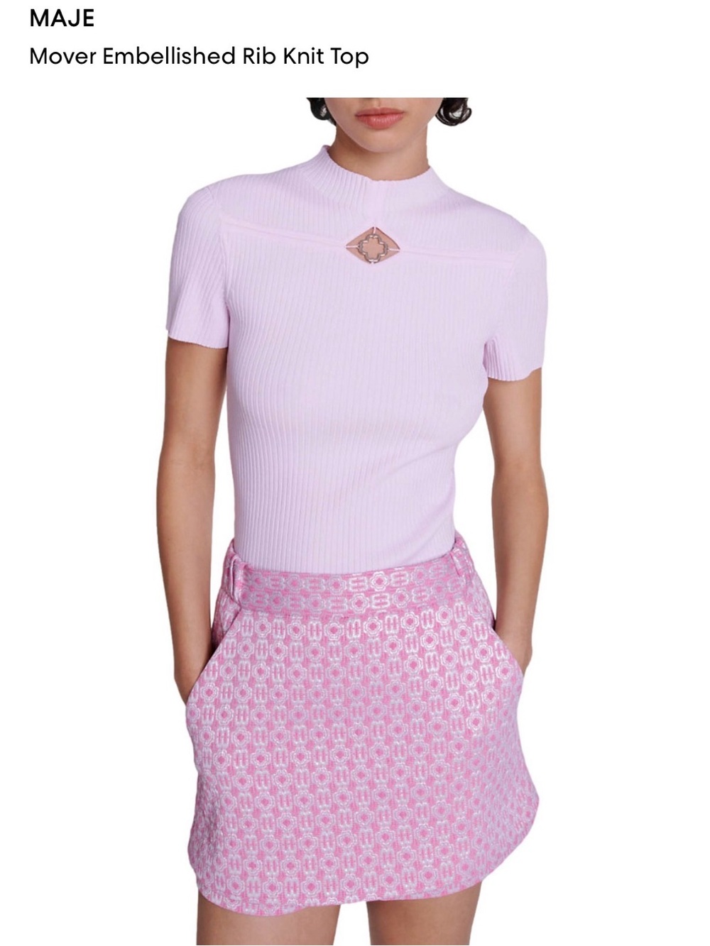 Maje Pale Pink Ribbed Short-Sleeve Mock Neck Top with Decorative Cutout